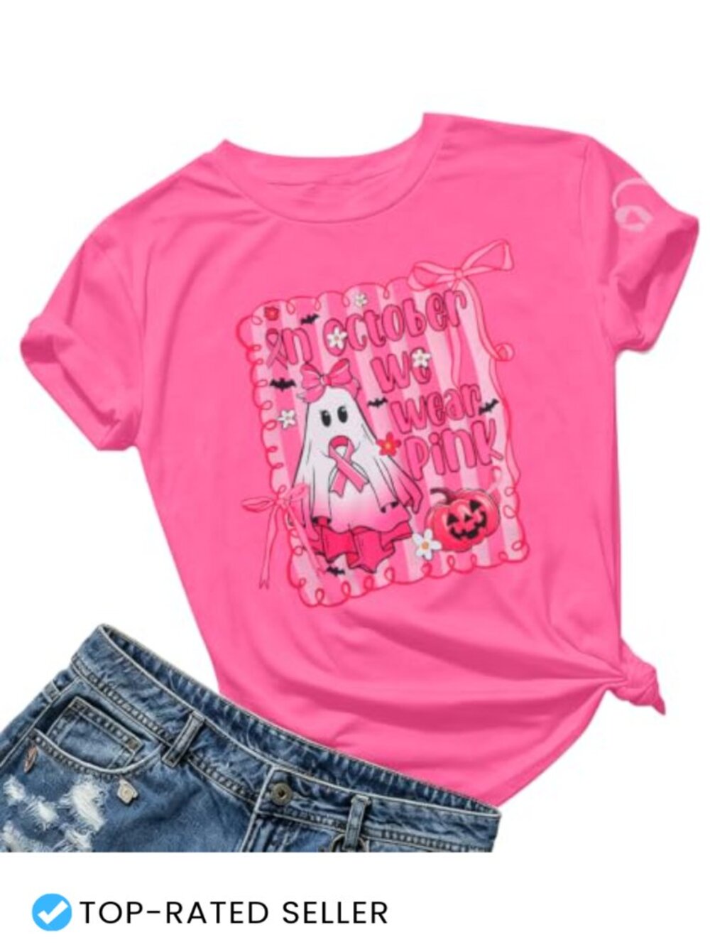 Women's Halloween Ghost Pumpkin Breast Cancer Awareness T-Shirt